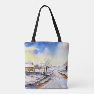 Tote Bag Wintery Lane Watercolor