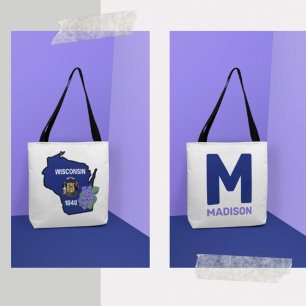 Tote Bag Wisconsin Drapeau et Fleur Bleu Violet Nom personn