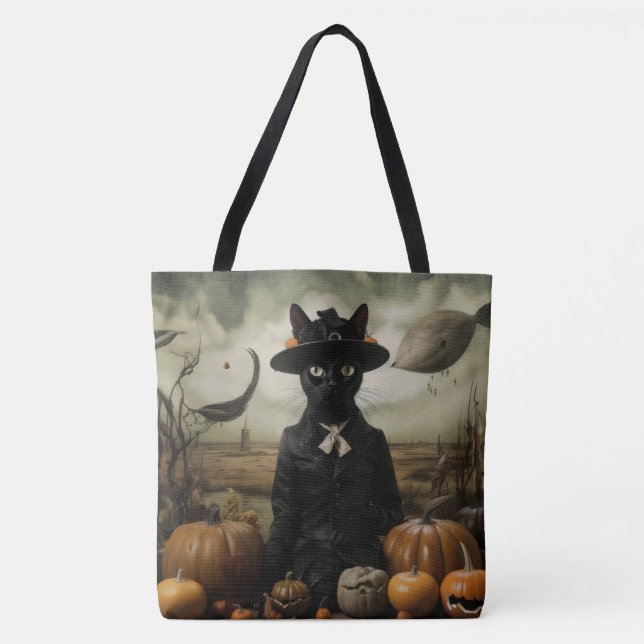 Tote Bag Witch Cat with Pumpkins  (Devant)