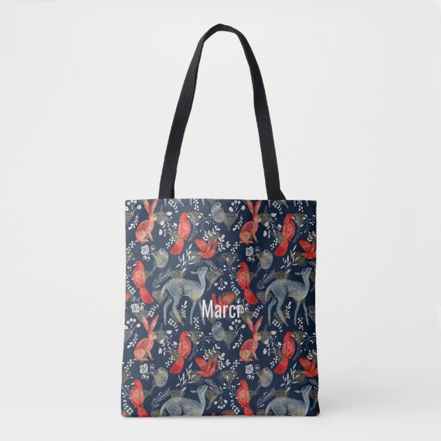 Tote Bag with a Folk Art Design in Dark Blue (Front)