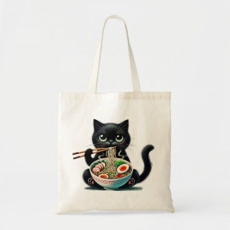 Tote Bag with Cute Cat Enjoying Ramen