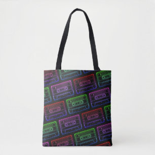 Tote Bag With Neon Multicolor Cassette Pattern