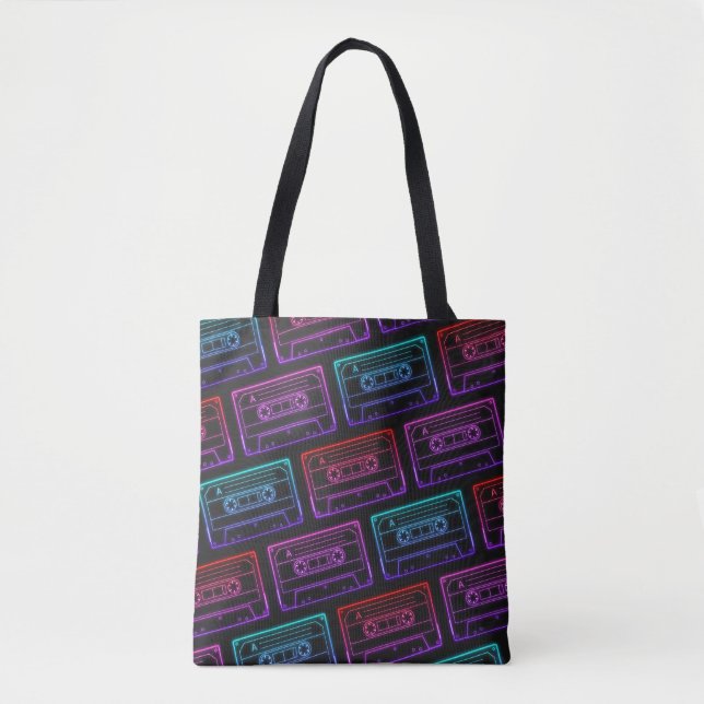 Tote Bag With Neon Multicolor Cassette Pattern (Front)