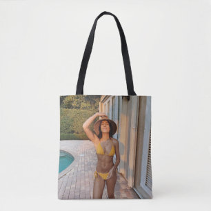 Tote Bag Woman in yellow bikini standing on brown brick flo