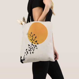 Tote Bag Women, Sun & Flying Birds Silhouette Minimalist