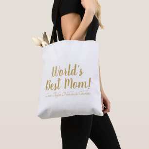 Tote Bag World’s Best Mom gold custom script mignon