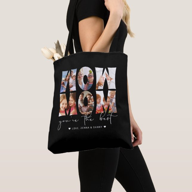 Tote Bag Wow Mom Citation Modern Black 6 Photo Collage (De près)