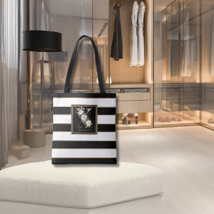 Tote Bag X Monogramme Floral Or Rayures Noir Blanc Or