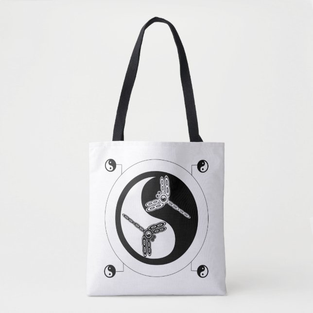 Tote Bag Yin Yang Chiffre noir et blanc 8 libellules Fourre (Devant)