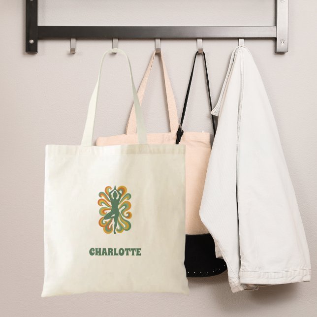 Tote Bag Yoga pose swirls green orange name retro (Créateur téléchargé)