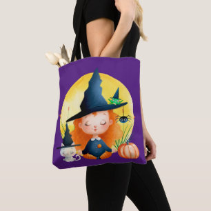 Tote Bag Yoga sorcière et chat aquarelle Halloween violet