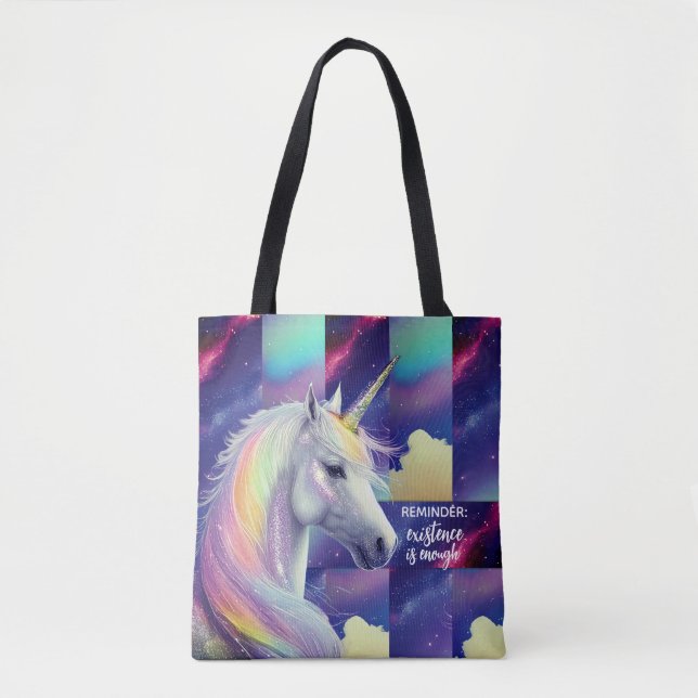Tote Bag You Are Enough Reminder Sparkly White Unicorn (Devant)