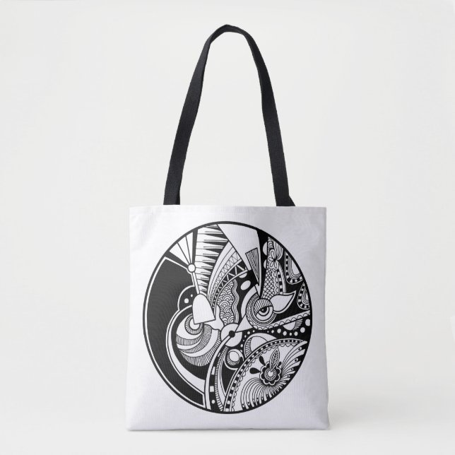 Tote Bag Zendala abstrait noir et blanc sur le cercle 2 (Devant)