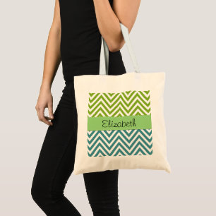 Tote Bag Zigzag bleu, Zigzag vert, Chevron, Votre Nom
