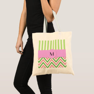 Tote Bag Zigzag, Chevron, Grilles, Rose, Vert, Monogramme