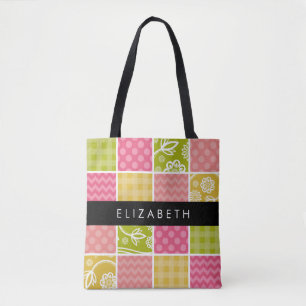 Tote Bag Zigzag, Chevron, Pois, En vichy, Votre Nom