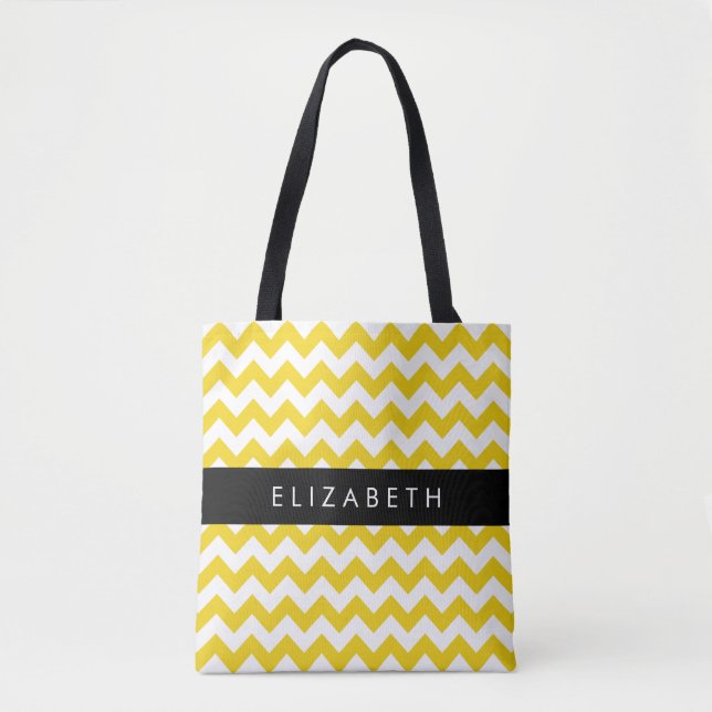 Tote Bag Zigzag Jaune, Chevron Jaune, Votre Nom (Devant)