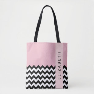 Tote Bag Zigzag noir et blanc, Chevron, rose, Votre nom