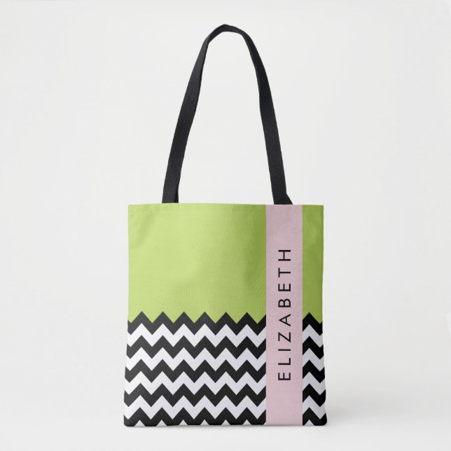Tote Bag Zigzag noir et blanc, Chevron, Vert, Votre nom (Devant)
