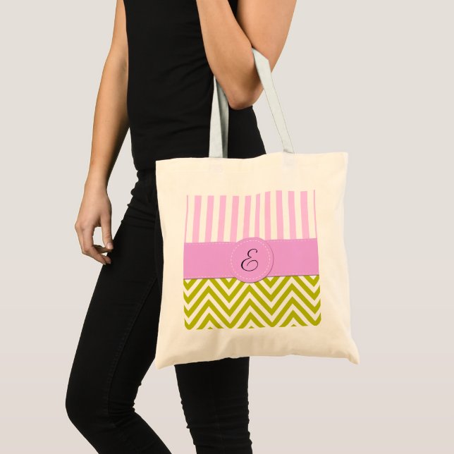 Tote Bag Zigzag vert, Chevron, Grilles roses, Monogramme (Devant (produit))