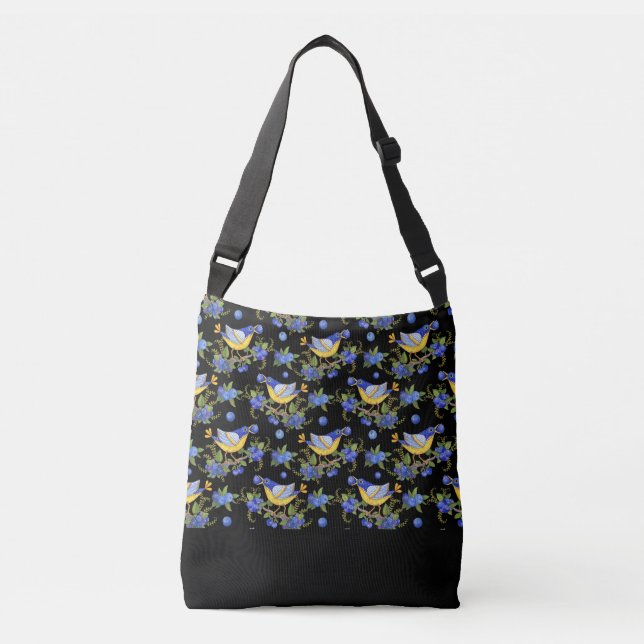 TOTE CROSSBODY BIRD BLUEBERRY WHIMSICAL BLACK (Front)