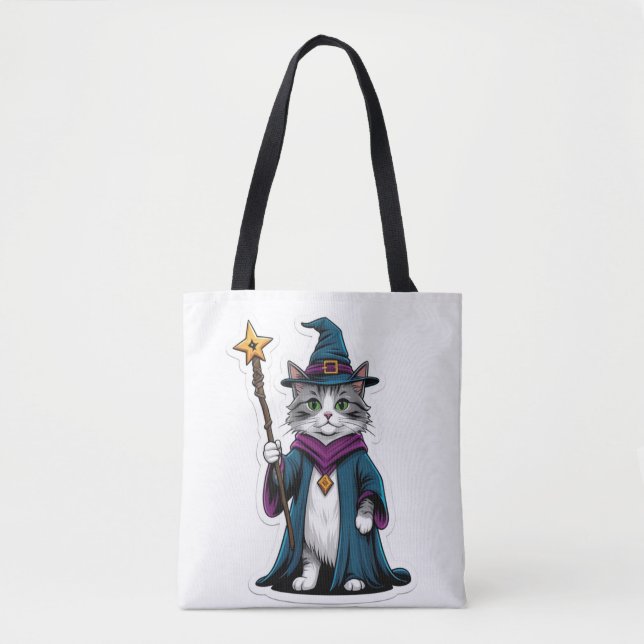 Tote Mini wizard cat with magical staff Bag (Front)