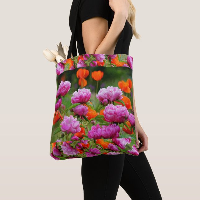 Tote - Pink Peonies & Orange Poppies. Bag (Close Up)