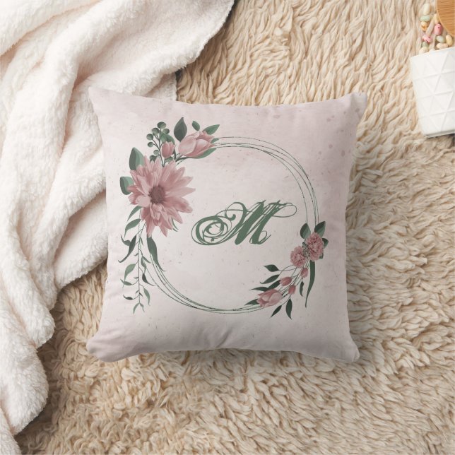 Tote romantic pink flowers & green leaves throw pillow (Blanket)