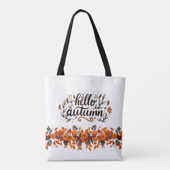 Tote with "Hello Autumn"copy and pumpkin garland (Back)