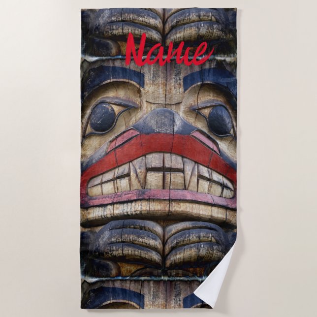 Totem Pole Face Thunder_Cove Beach Towel (Front)