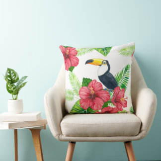 Toucan and tropical bouquet throw pillow