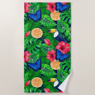 Toucan and tropical garden watercolor beach towel
