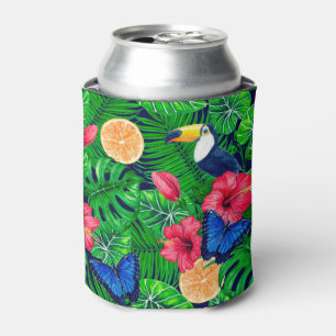 Toucan and tropical garden watercolor can cooler