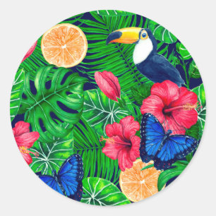 Toucan and tropical garden watercolor classic round sticker