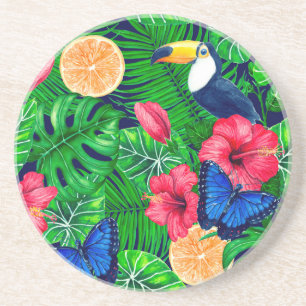 Toucan and tropical garden watercolor coaster