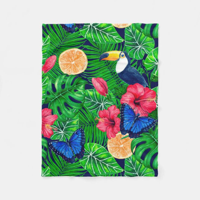 Toucan and tropical garden watercolor fleece blanket (Front)