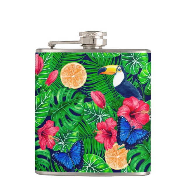 Toucan and tropical garden watercolor hip flask (Front)