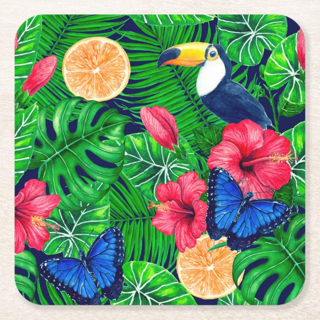 Toucan and tropical garden watercolor square paper coaster (Front)