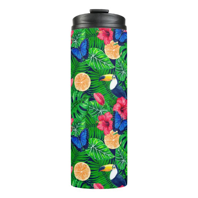 Toucan and tropical garden watercolor thermal tumbler (Front)