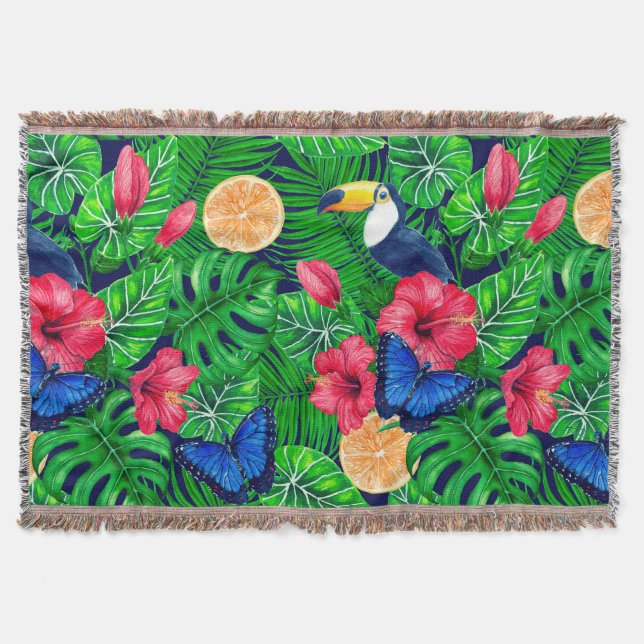 Toucan and tropical garden watercolor throw blanket (Front)