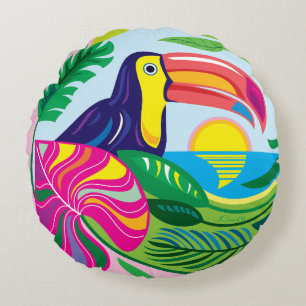 Toucan and Tropical Leaves Round Pillow