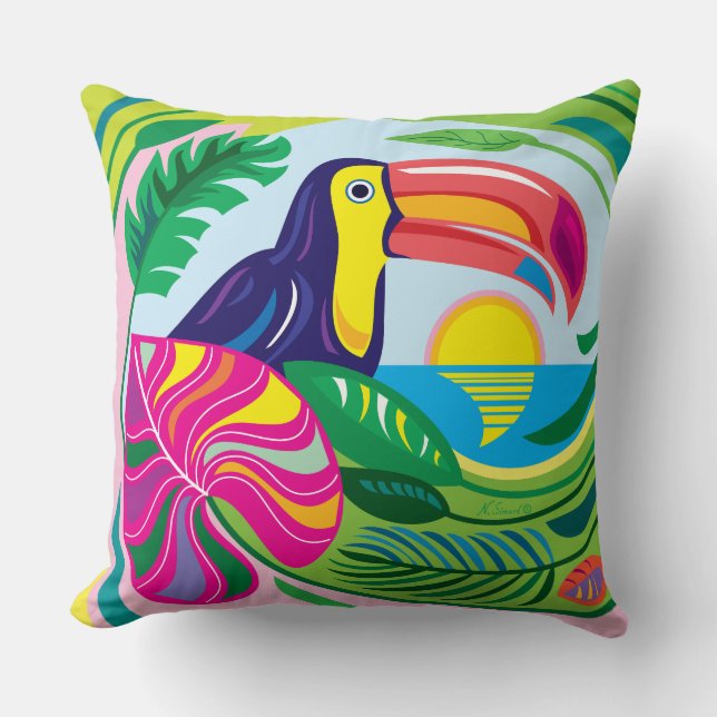 Toucan and Tropical Leaves Throw Pillow (Front)