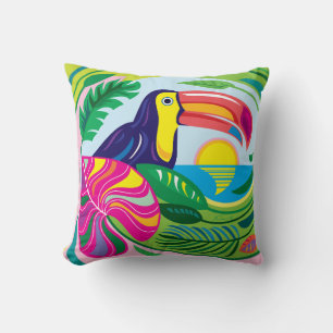 Toucan and Tropical Leaves Throw Pillow