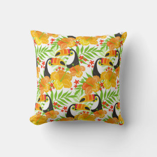 Toucan Bird Orange Flowers Green Leaves Tropical Throw Pillow