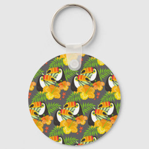 Toucan Bird Orange Tropical Flowers Green Leaves Keychain