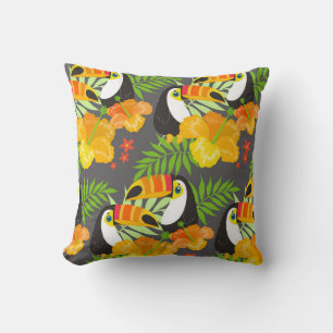 Toucan Bird Orange Tropical Flowers Green Leaves Throw Pillow