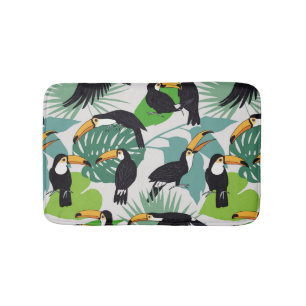 Toucan Bird: Palm Leaves Pattern Bath Mat