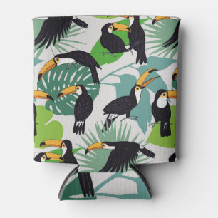 Toucan Bird: Palm Leaves Pattern Can Cooler