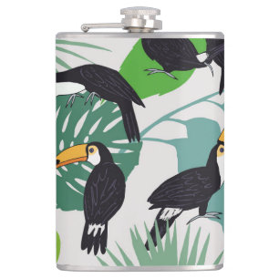 Toucan Bird: Palm Leaves Pattern Hip Flask