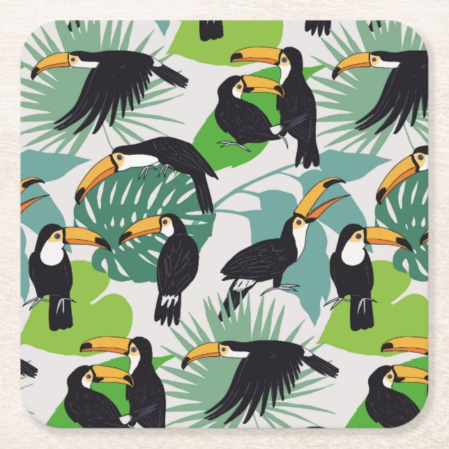 Toucan Bird: Palm Leaves Pattern Square Paper Coaster (Front)